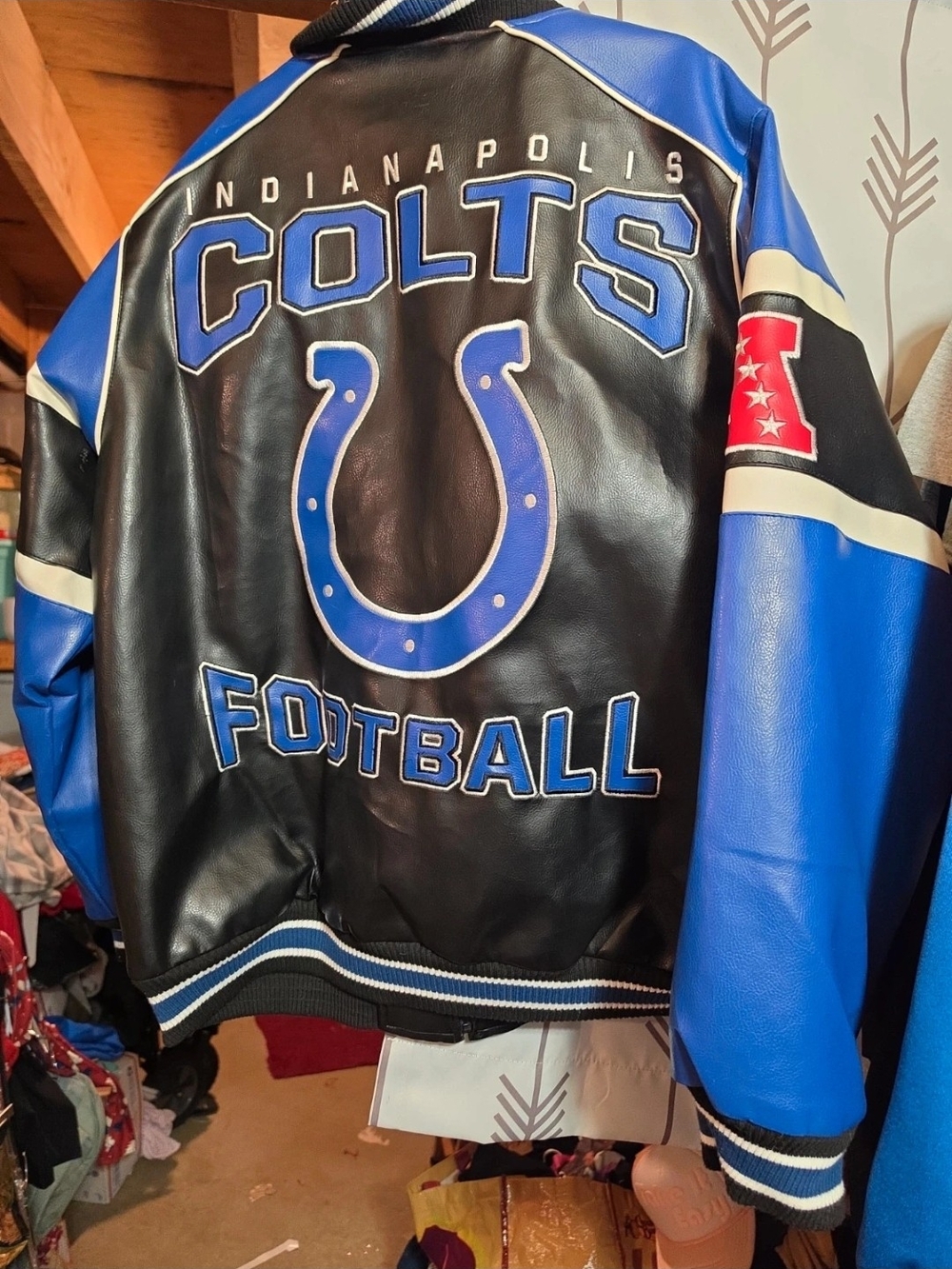 Vintage NFL Indianapolis Colts Full Zip Faux Leather Varsity Bomber Jacket Men's